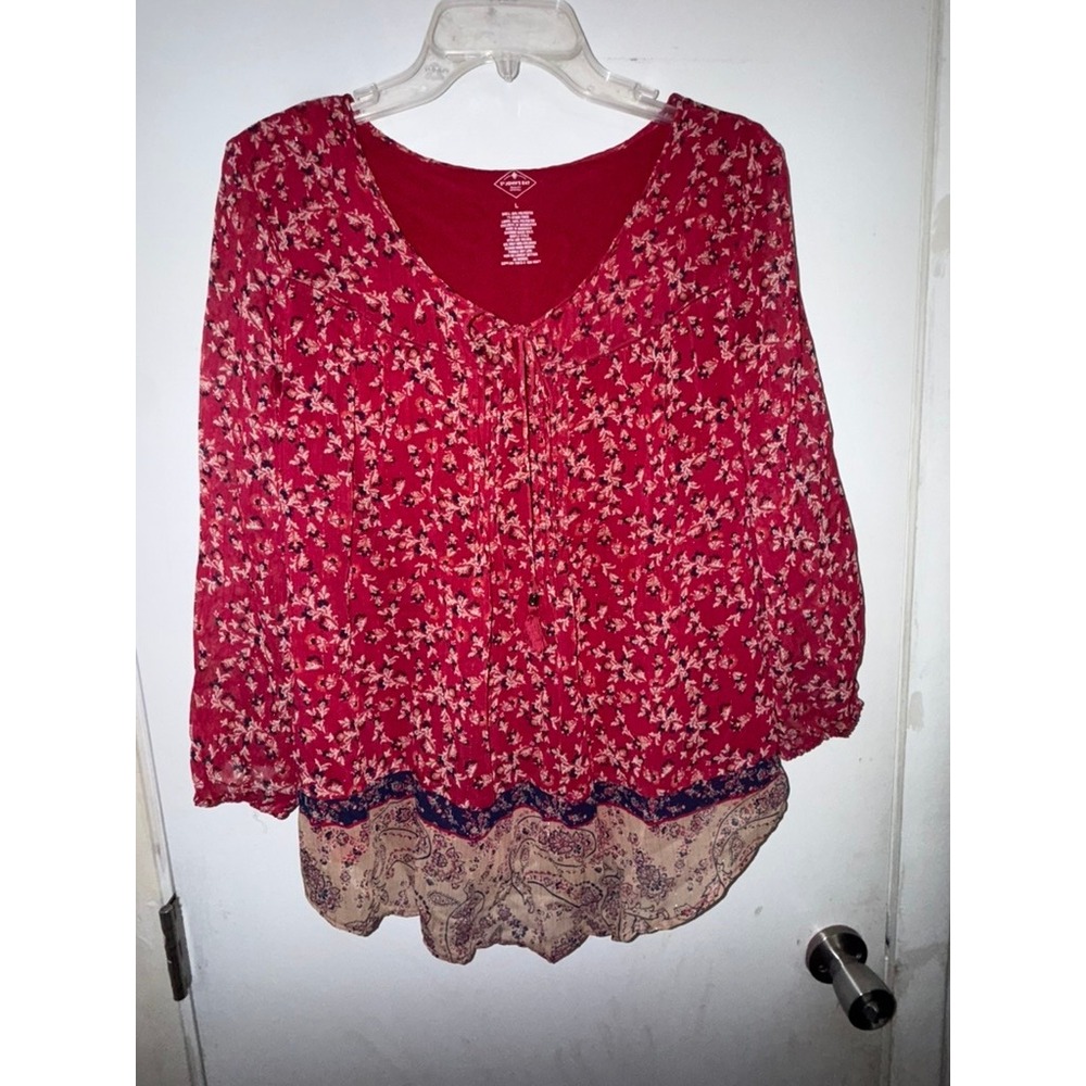 St Johns Bay Red Floral Paisley Peasant Blouse Long Sleeve Shimmer Top Large